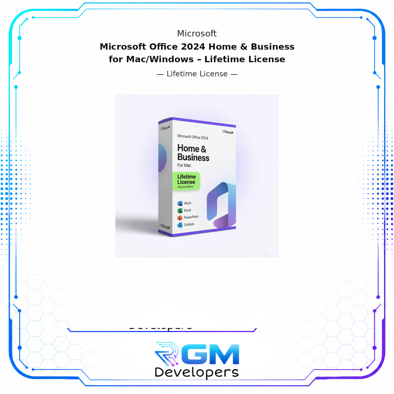 <div> <div> <p><strong>Microsoft Office 2024 Home & Business — Mac or Windows, One Device, Lifetime Access</strong></p> <p>Get the latest Microsoft Office 2024 Home & Business with a one-time purchase and lifetime access. This version comes with a Microsoft account bind activation, giving you long-term security and flexibility, and it works on either a Mac or a Windows PC, one device at a time.</p> <p>Perfect for professionals, business users, and students who want a reliable Office solution without recurring costs. Unlike subscription-based Microsoft 365, this is a permanent license that you own outright, with no renewal reminders, no billing cycles, and no features locked behind a paywall after your first year.</p> <h3>What’s Included</h3> <p>Microsoft Office 2024 Home & Business includes the four core applications that professionals rely on every day, each fully updated for the 2024 release and optimized for both macOS and Windows.</p> <p><strong>Microsoft Word 2024:</strong> Full-featured word processing with advanced formatting, collaboration tools, and document templates suitable for business reports, proposals, and more.</p> <p><strong>Microsoft Excel 2024: </strong>Powerful spreadsheet application with updated formulas, data analysis tools, and charting capabilities for financial modeling, budgeting, and business reporting.</p> <p><strong>Microsoft PowerPoint 2024:</strong> Professional presentation software with polished templates, transitions, and design tools to help you communicate ideas clearly and confidently.</p> <p><strong>Microsoft Outlook 2024:</strong> Complete email, calendar, and contact management application built for professional communication, meeting scheduling, and client correspondence.</p> <h3>Key Benefits</h3> <p><strong>Works on Mac or Windows (your choice).</strong> This license activates on one device at a time, whether that device runs macOS or Windows. You are not locked into a single platform.</p> <p><strong>Lifetime access with no subscription.</strong> Pay once and use Office 2024 Home & Business indefinitely. No monthly fees, no yearly renewals, and no expiring features.</p> <p><strong>Microsoft account binding.</strong> Your license is permanently tied to your Microsoft account rather than a single device. This means you can reinstall and reactivate Office whenever needed — after an OS reset, a device repair, or a hardware upgrade, without purchasing a new key.</p> <p><strong>Reinstall at any time.</strong> If you reinstall your operating system, upgrade your device, or switch between a Mac and a Windows machine on the same Microsoft account, your license remains valid and accessible.</p> <p><strong>Authentic and secure license with full functionality.</strong> This is a 100% authentic Microsoft license with safe, legitimate activation. You receive the complete Office suite with no missing features, no third-party modifications, and no risk of deactivation.</p> <p><strong>Outlook is included for business use.</strong> Outlook makes this edition well-suited for professionals who manage client emails, schedule meetings, and maintain contact lists daily. This is the right choice for business users: Home & Student does not include Outlook.</p> <h3>Who This Is Ideal For</h3> <p>Users on Mac or Windows in professional and business roles who need Word, Excel, PowerPoint, and Outlook running natively on their device without paying a monthly Microsoft 365 subscription fee.</p> <p>Freelancers and consultants who produce client documents, financial reports, and presentations regularly and want a permanent, account-bound license they can reinstall on any supported platform.</p> <p>Students who need the full Office suite for assignments, dissertations, and presentations, and want a one-time purchase that lasts throughout their studies and beyond, regardless of whether they use a Mac or a PC.</p> <p>Small business owners who rely on Outlook for client communication and need a stable, locally installed Office suite that does not depend on an active internet connection for daily use.</p> <p>Users switching between platforms who want to continue working in the familiar Office environment without adapting to a new productivity suite.</p> <h3>Delivery & Activation</h3> <p>Your purchase is fully digital with no physical media or shipping.</p> <p>Digital delivery via email with your activation key sent promptly after payment confirmation. Fast delivery, typically within minutes to a few hours of purchase. Step-by-step activation support is provided to walk you through linking the license to your Microsoft account and installing Office on your device.</p> <h3>Important Notes</h3> <p>This license works on 1 device at a time: Mac or Windows. It is not a multi-device license and cannot be used simultaneously across more than one computer.</p> <p>The license is permanently linked to your Microsoft account. This allows reinstallation and reactivation without a new key, but it also means the license cannot be transferred to a different Microsoft account after activation.</p> <p>An internet connection is required for initial activation. Once activated, most Office applications can be used offline for everyday tasks. An internet connection is only needed periodically to verify license status.</p> </div> </div> <h3>Why Choose RGM Developers?</h3> <ul> <li><strong>Trusted digital license store in Pakistan</strong> with a track record of authentic product delivery and reliable customer support.</li> <li><strong>Fast delivery with activation support</strong> so you are not left waiting or troubleshooting on your own after purchase.</li> <li><strong>Authentic products only.</strong> We do not sell cracked, modified, or grey-market software. Every license we supply is authentic and activated through official Microsoft channels.</li> <li><strong>Dedicated customer support</strong> is available to assist you before and after your purchase, including help with installation, activation, and account binding.</li> </ul> </div>